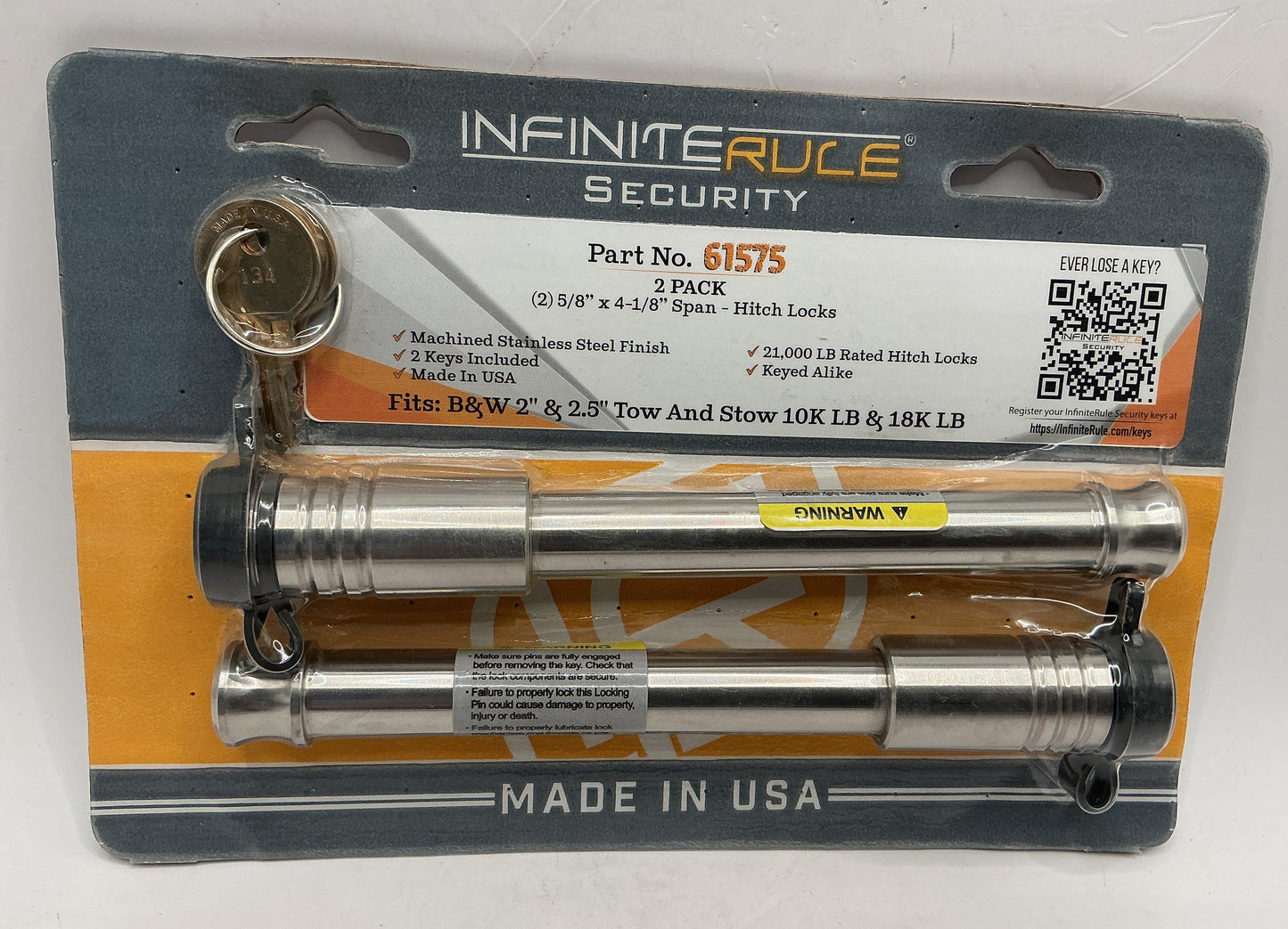 KA,HITCH LOCKS FOR B&W 2IN & 2.5IN TOWN & STOW 10K &18K LB-FITS ADJUSTABLE BALL MOUNT ONLY  2PK