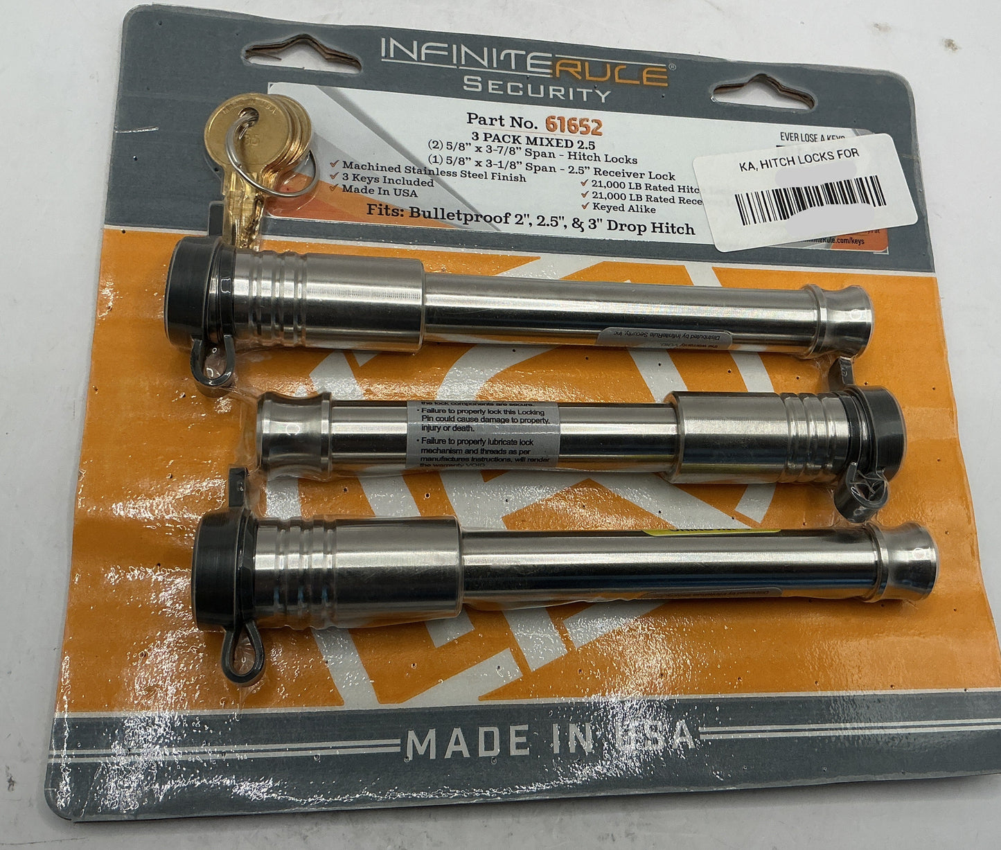 KA HITCH LOCKS F/ BULLETPROOF 2" 2.5" 3" DROP 3PC MIXED