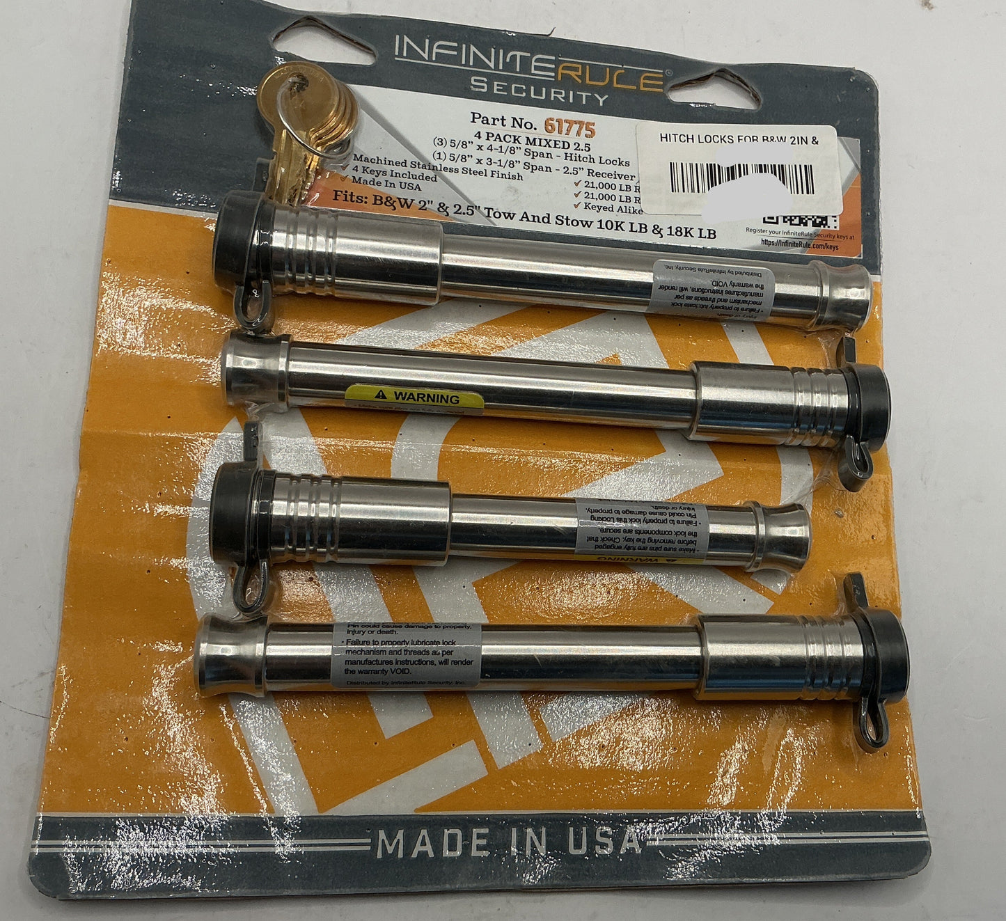 HITCH LOCKS FOR B&W 2IN & 2.5IN TOW & STOW 10K LB & 18K LB-W/ LOCK FOR 2.5IN REC, 4PK MIXED 2.0, KA